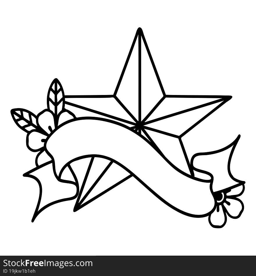 black linework tattoo with banner of a star