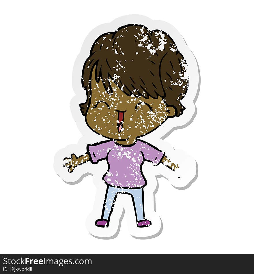 distressed sticker of a cartoon laughing woman