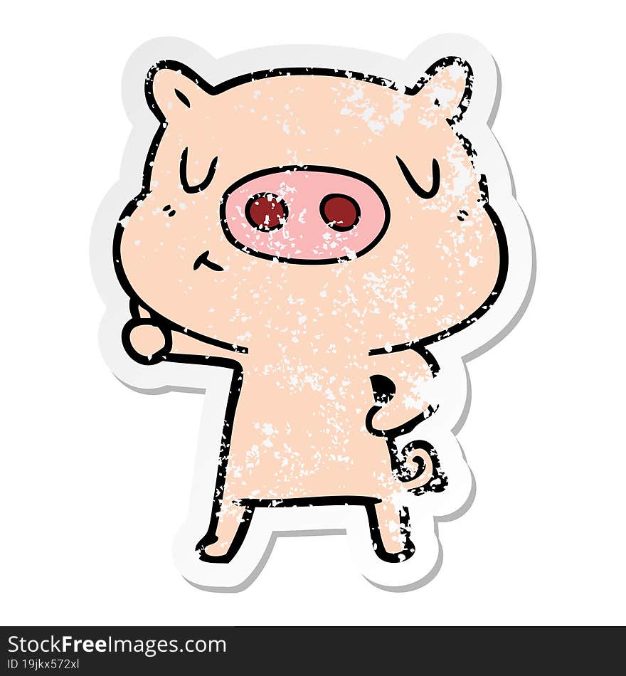 Distressed Sticker Of A Cartoon Content Pig