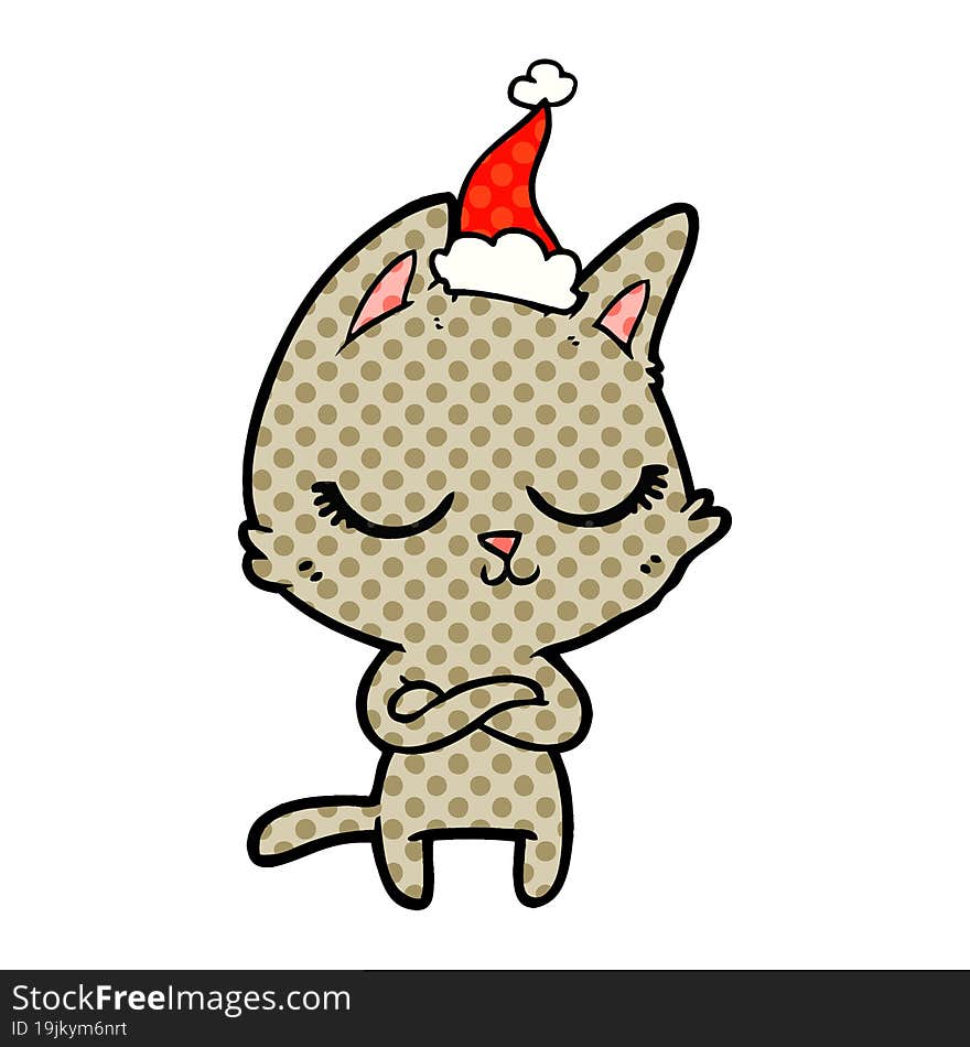 calm comic book style illustration of a cat wearing santa hat