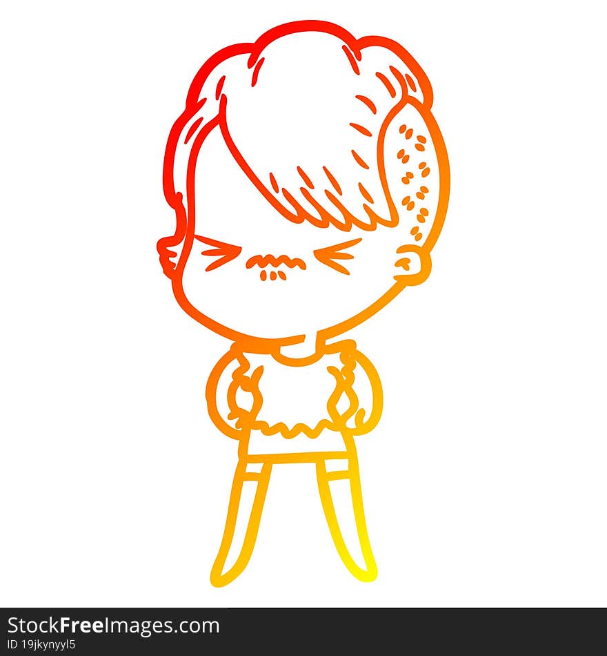 warm gradient line drawing of a cartoon annoyed hipster girl