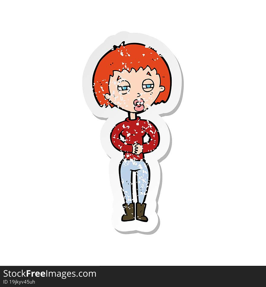 Retro Distressed Sticker Of A Cartoon Tired Woman