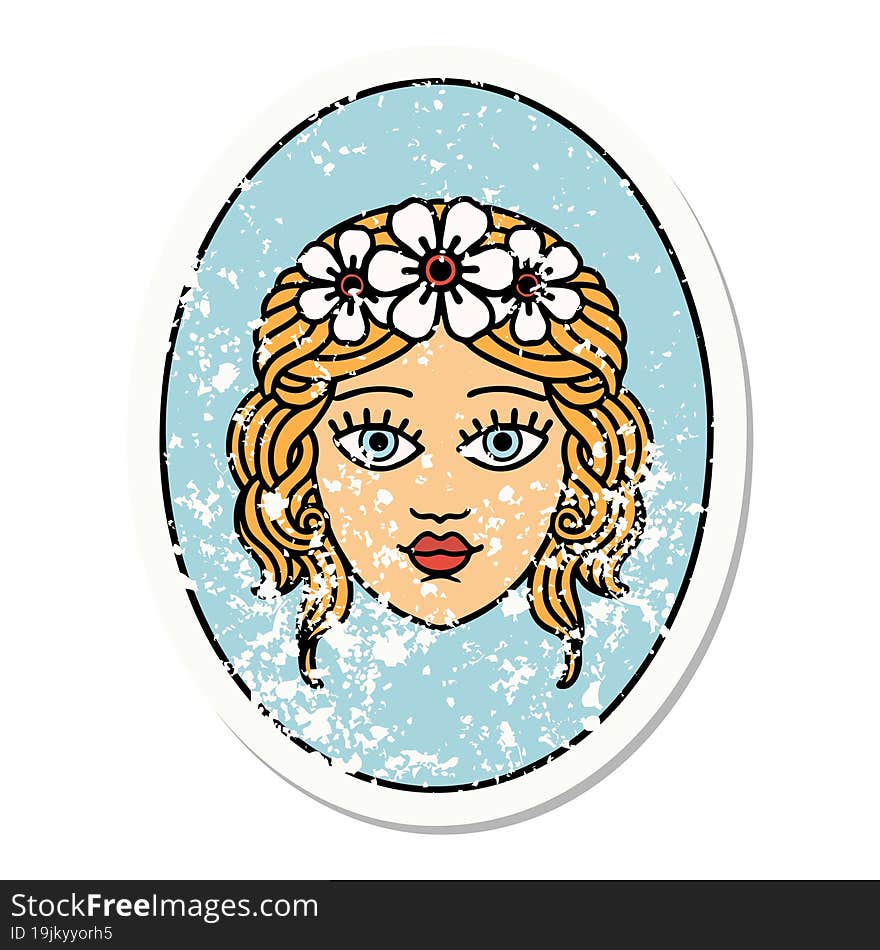 traditional distressed sticker tattoo of a maiden with crown of flowers