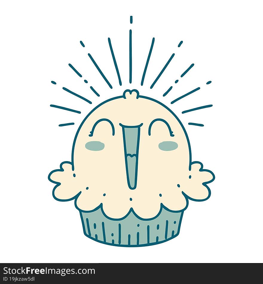 illustration of a traditional tattoo style happy singing cupcake