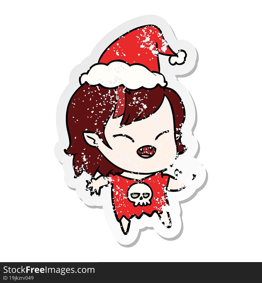 Distressed Sticker Cartoon Of A Laughing Vampire Girl Wearing Santa Hat