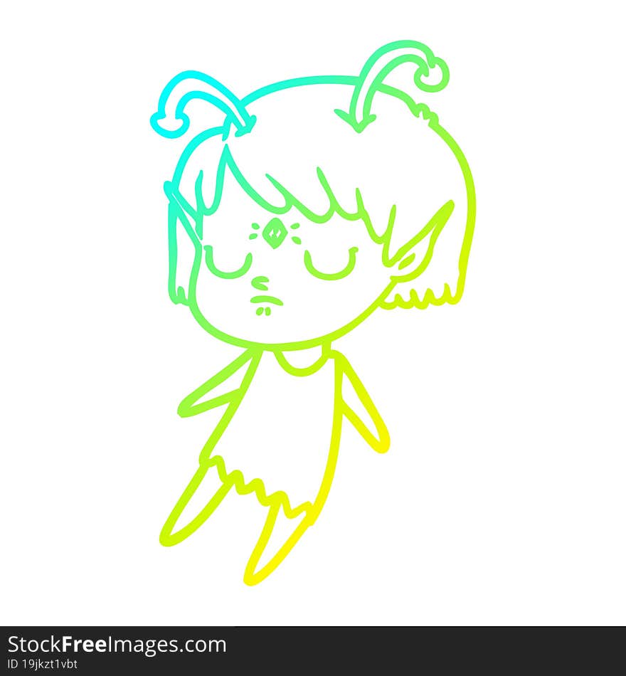 cold gradient line drawing of a cartoon alien girl