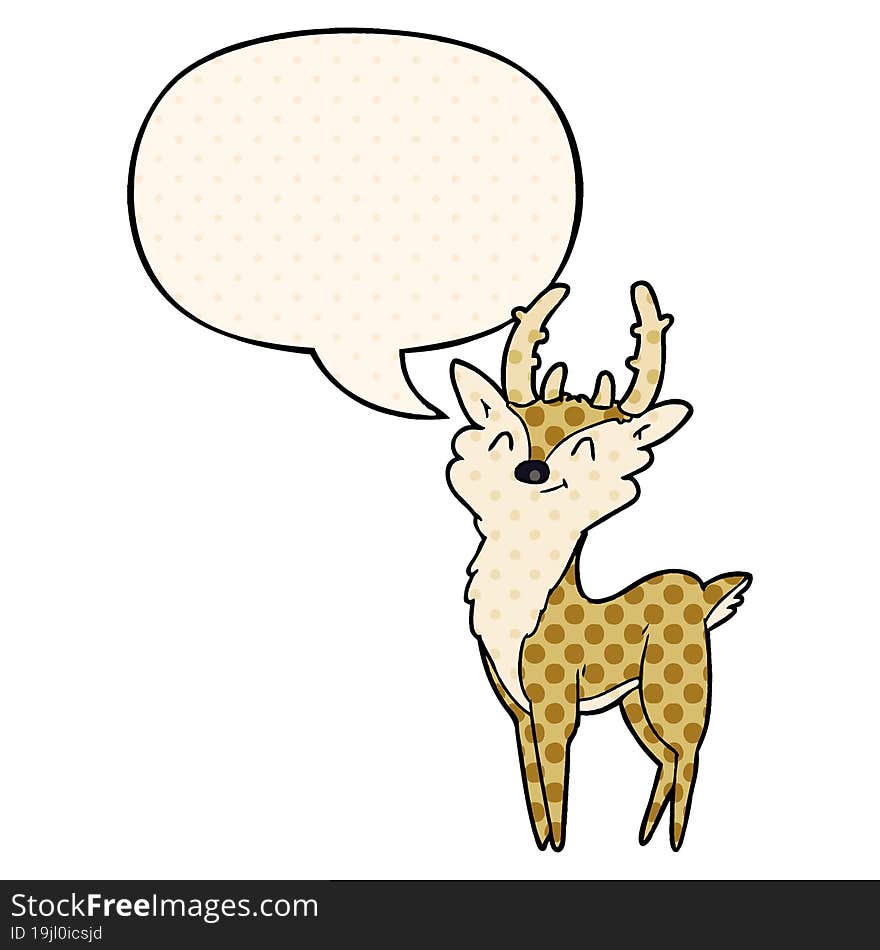 cartoon happy stag with speech bubble in comic book style