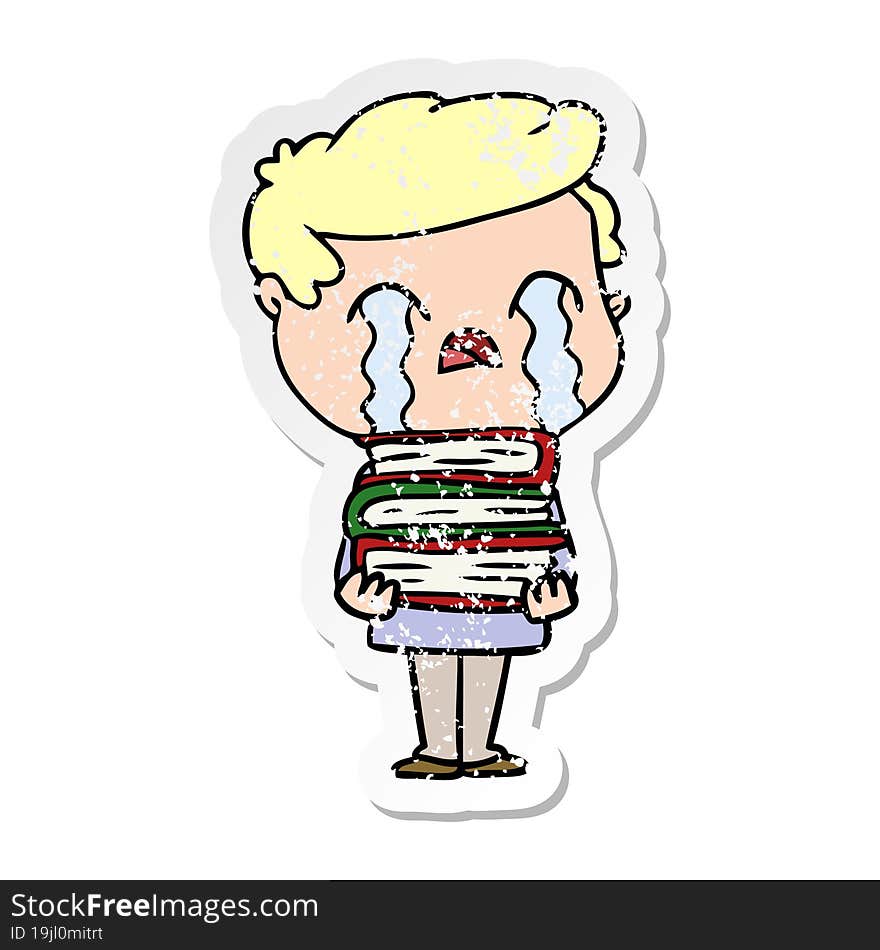 distressed sticker of a cartoon man crying over stack of books