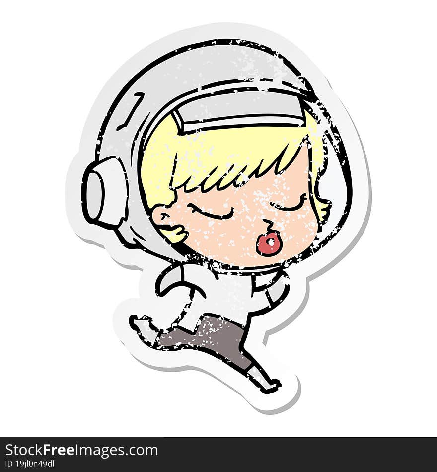 distressed sticker of a cartoon pretty astronaut girl running