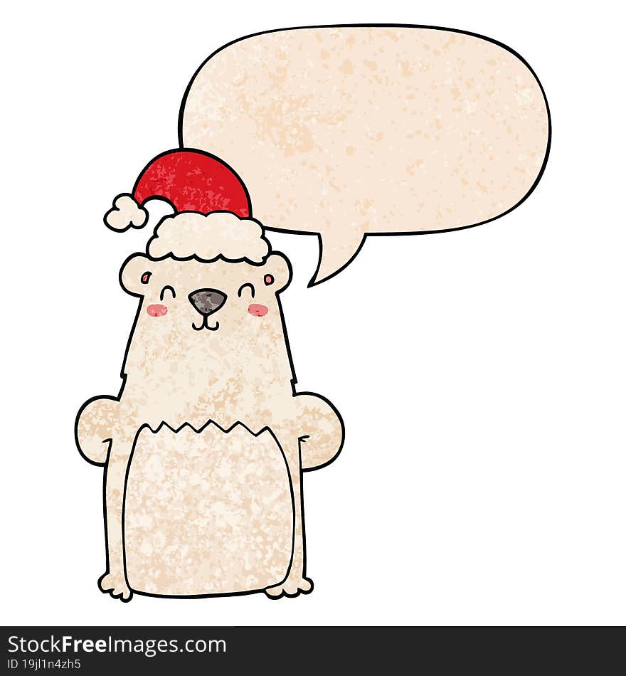 cartoon bear wearing christmas hat and speech bubble in retro texture style