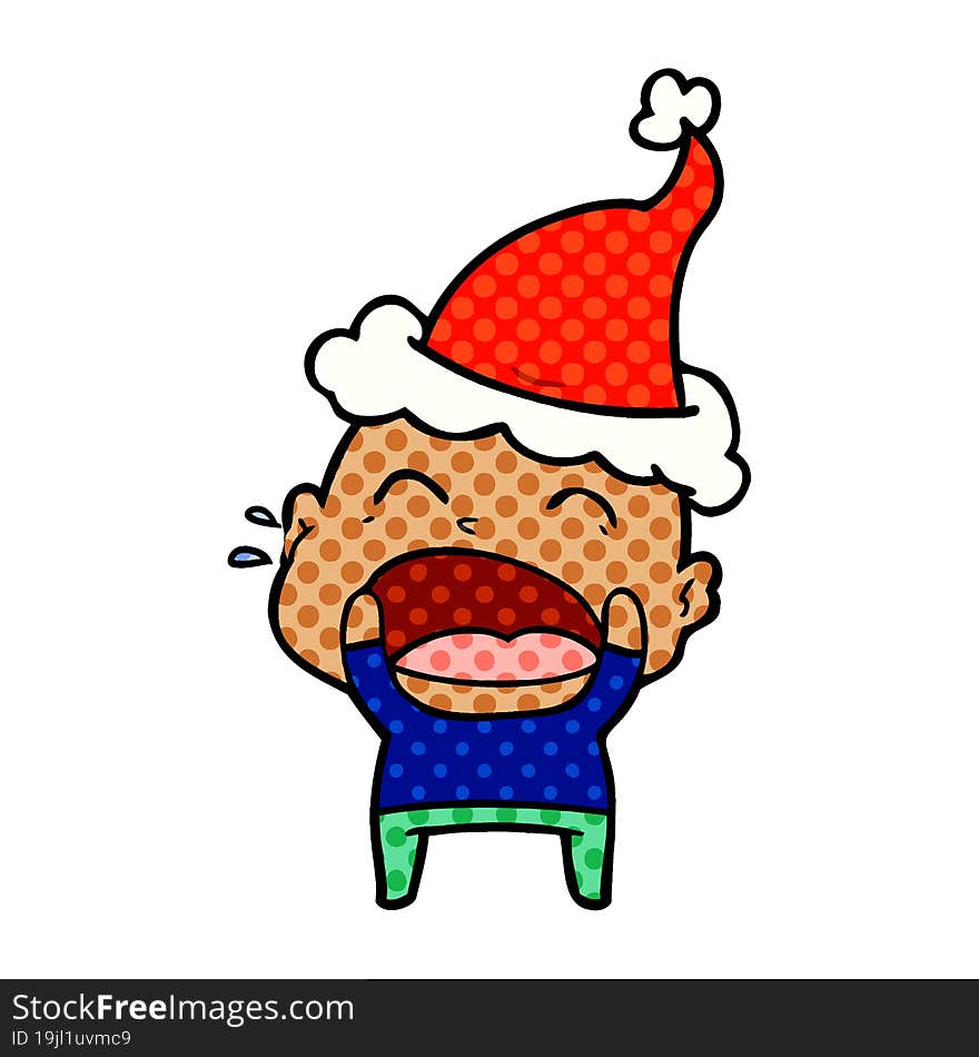 comic book style illustration of a shouting bald man wearing santa hat