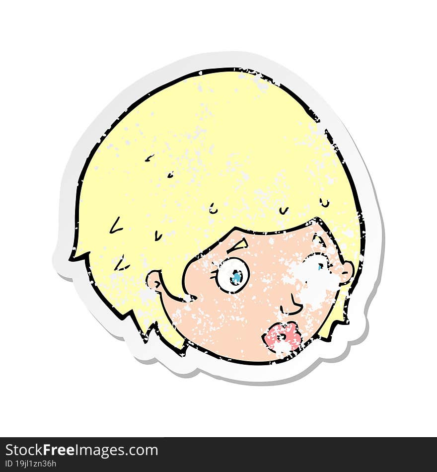 retro distressed sticker of a cartoon girl with concerned expression