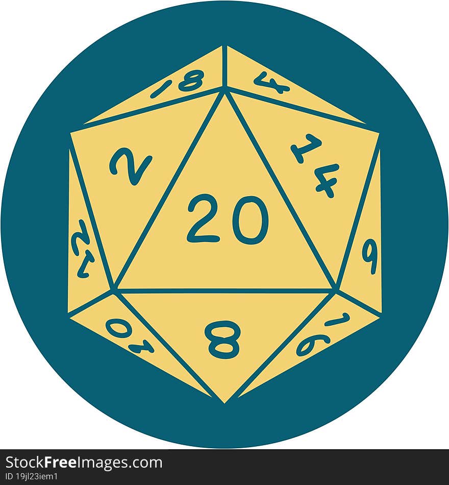 iconic tattoo style image of a d20 dice. iconic tattoo style image of a d20 dice