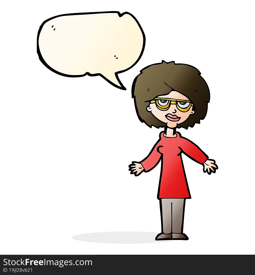 cartoon woman wearing glasses with speech bubble