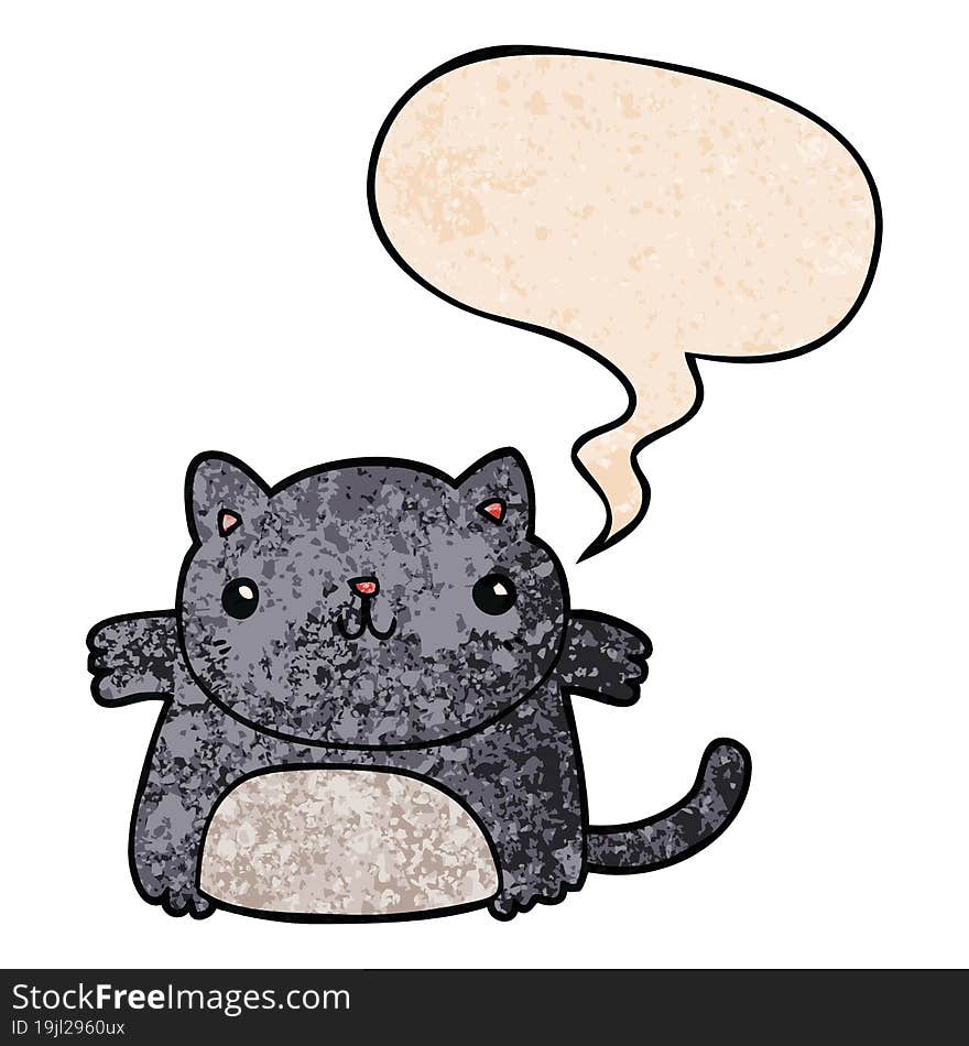 cartoon cat with speech bubble in retro texture style