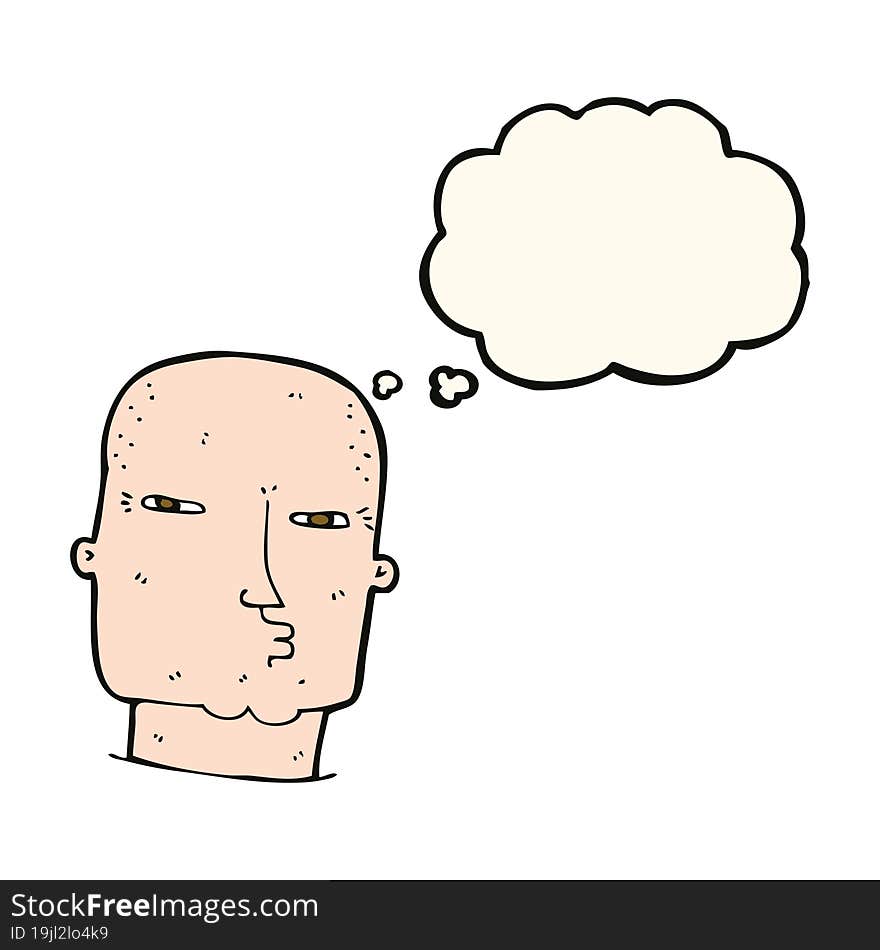 cartoon bald tough guy with thought bubble