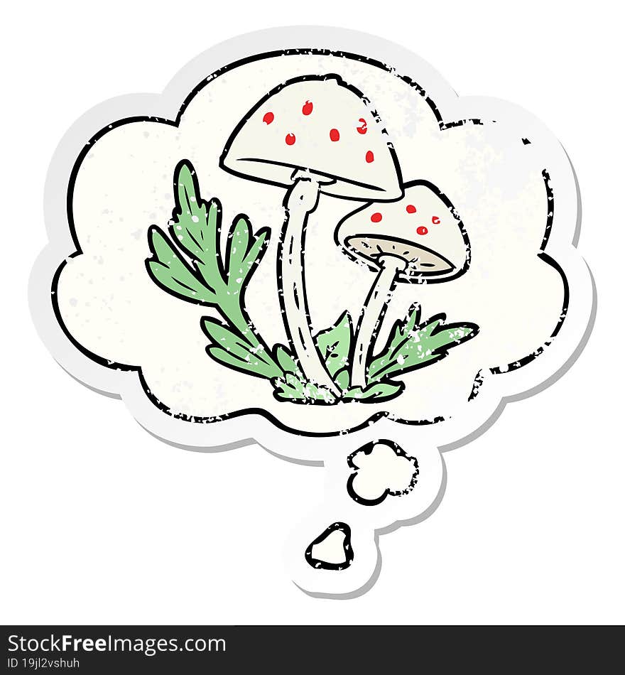 cartoon mushrooms and thought bubble as a distressed worn sticker