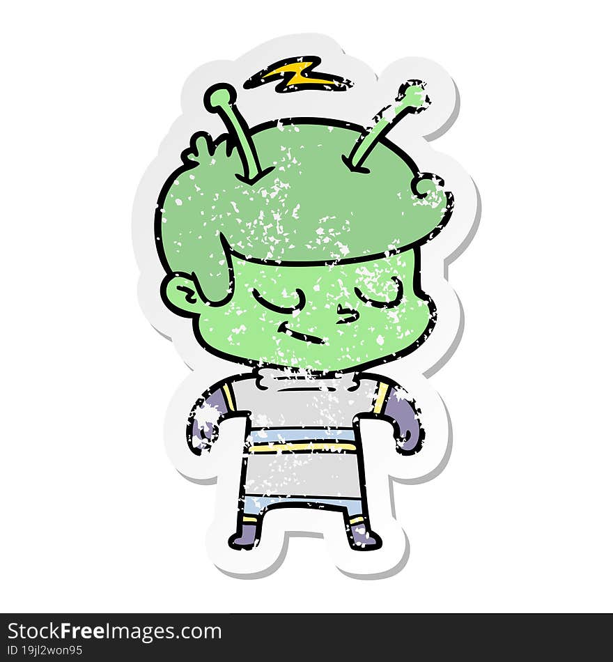 distressed sticker of a friendly cartoon spaceman