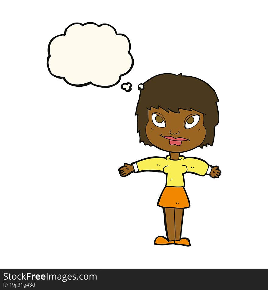 cartoon woman with open amrs with thought bubble