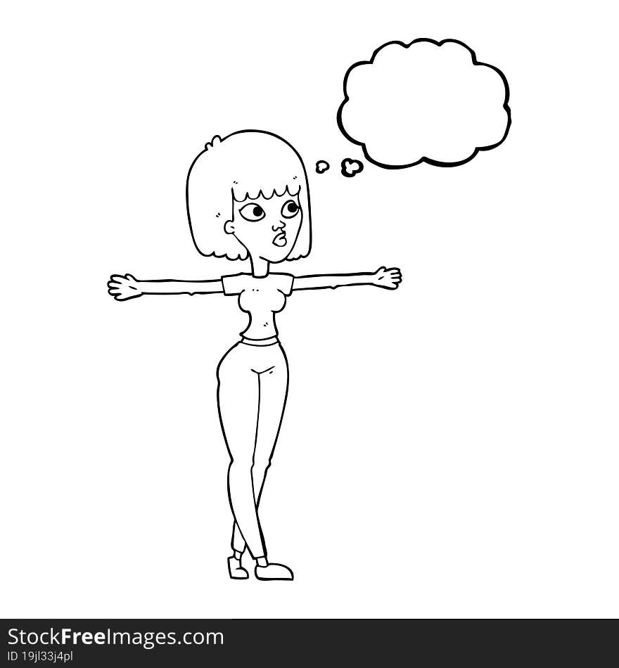 thought bubble cartoon woman spreading arms