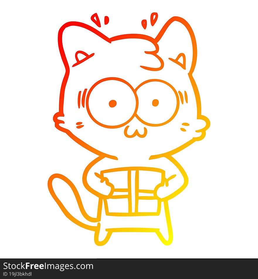 warm gradient line drawing cartoon surprised cat with christmas present