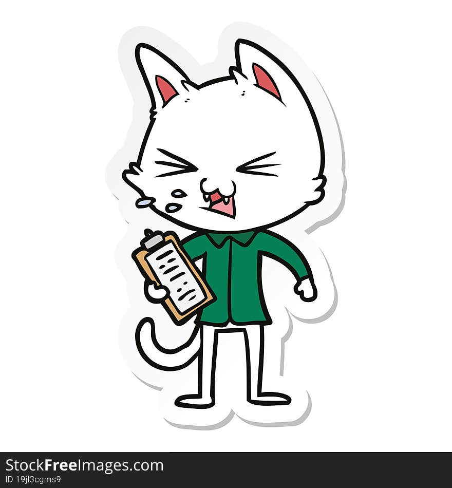 sticker of a cartoon salesman cat hissing