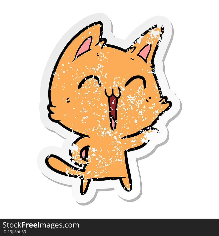 distressed sticker of a happy cartoon cat