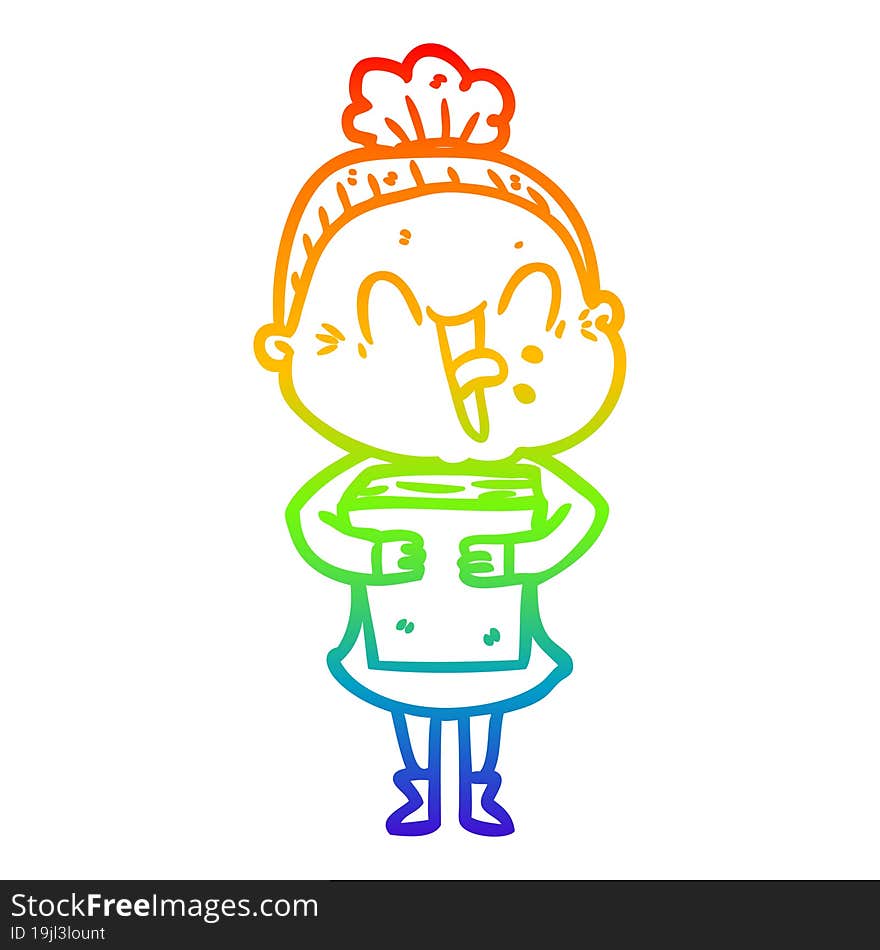 rainbow gradient line drawing of a cartoon happy old woman