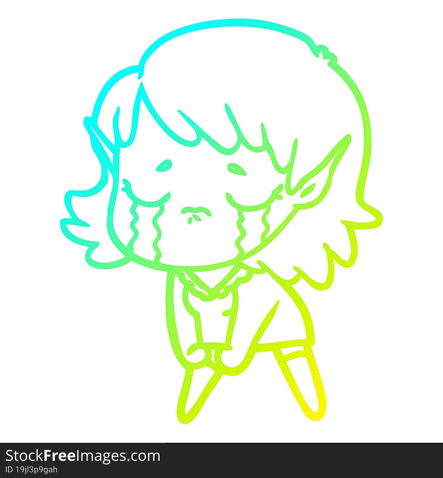 cold gradient line drawing of a cartoon crying elf girl