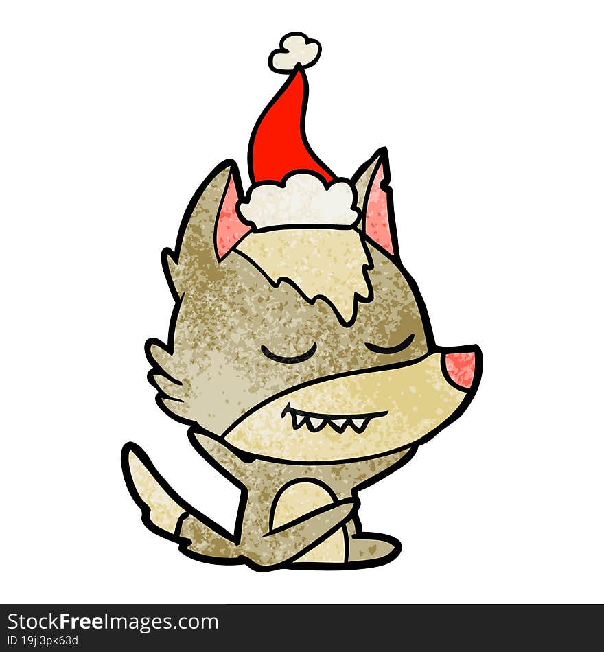 friendly textured cartoon of a wolf sitting wearing santa hat