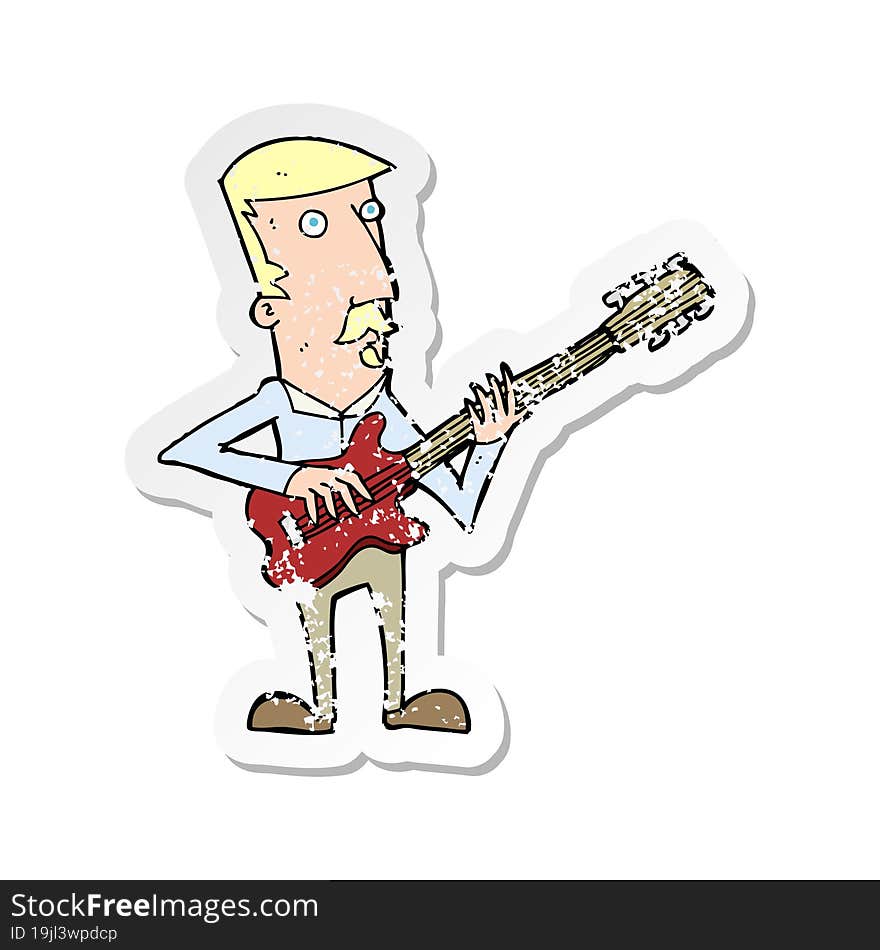 retro distressed sticker of a cartoon man playing electric guitar