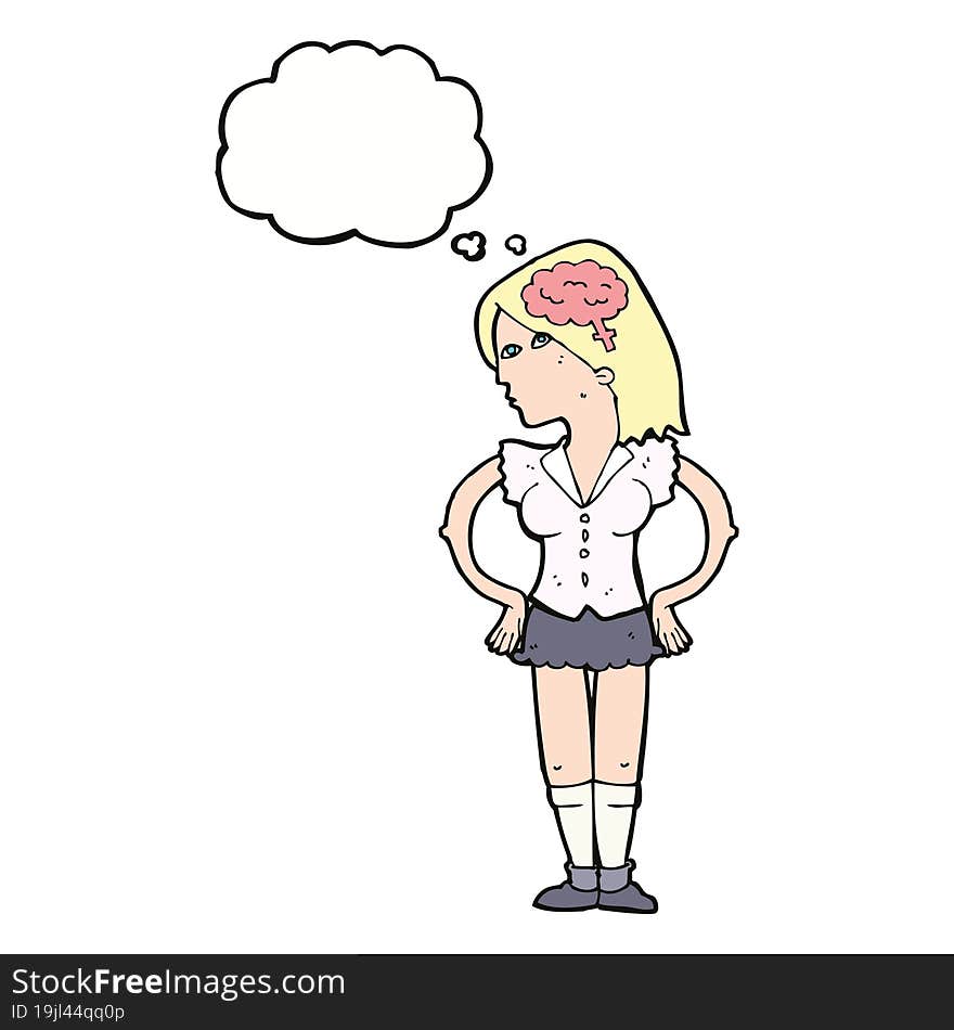 cartoon intelligent woman with thought bubble