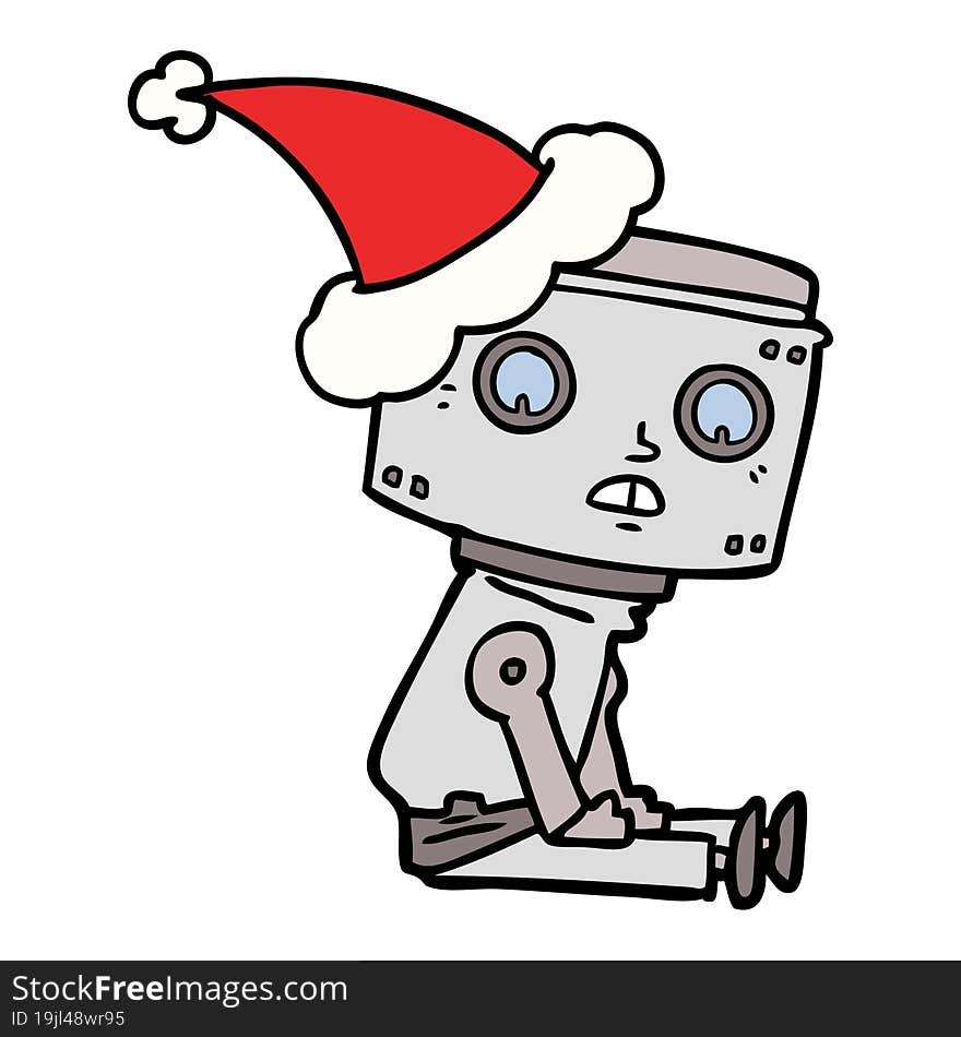 line drawing of a robot wearing santa hat