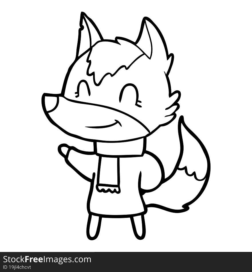 friendly cartoon wolf in winter clothes. friendly cartoon wolf in winter clothes