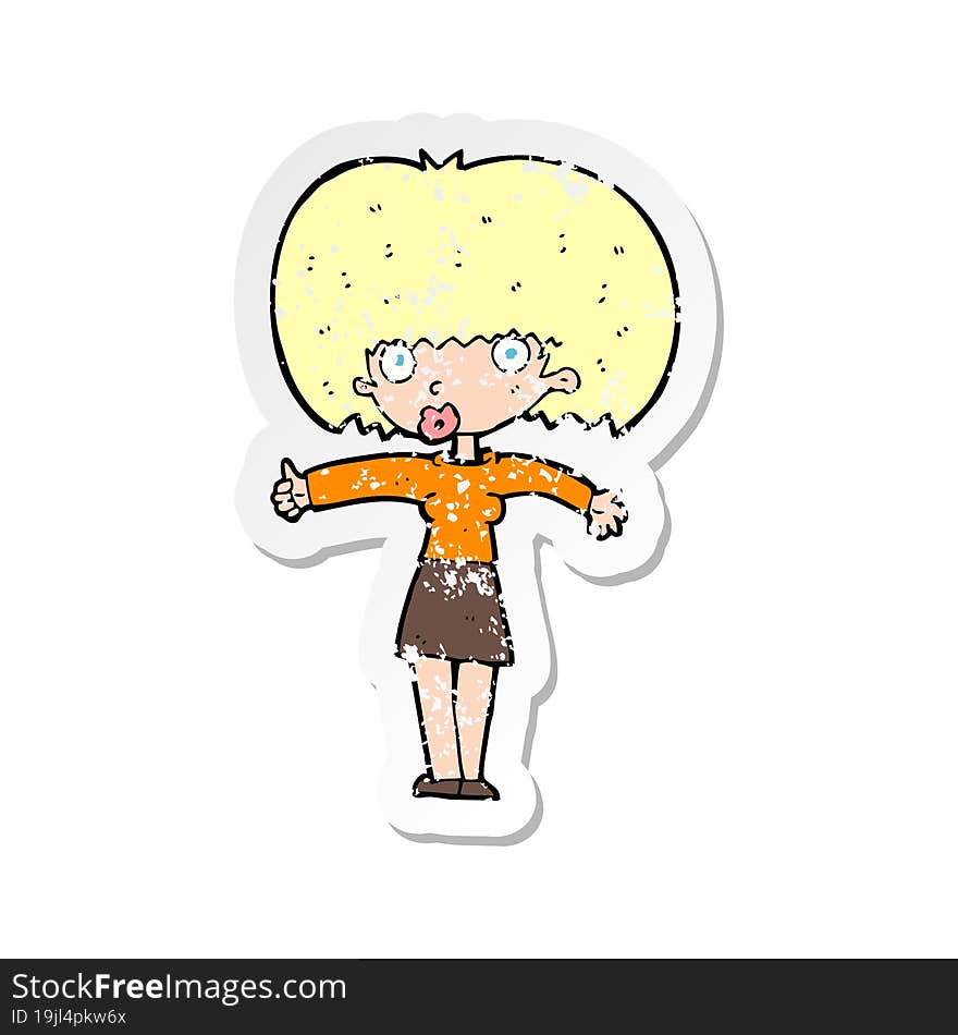 retro distressed sticker of a cartoon woman giving thumbs up symbol