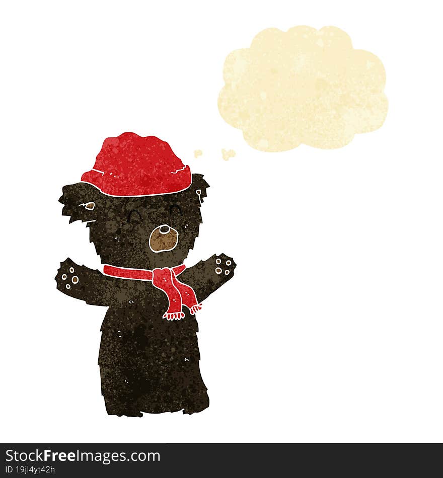 cartoon cute black bear in hat and scarf with thought bubble