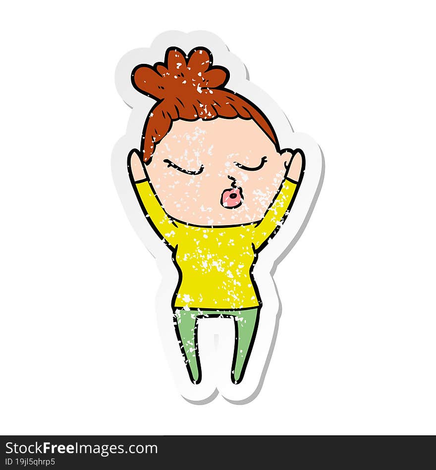 distressed sticker of a cartoon calm woman