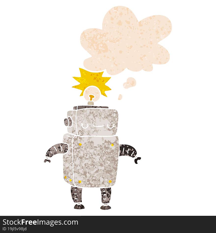 cartoon robot and thought bubble in retro textured style