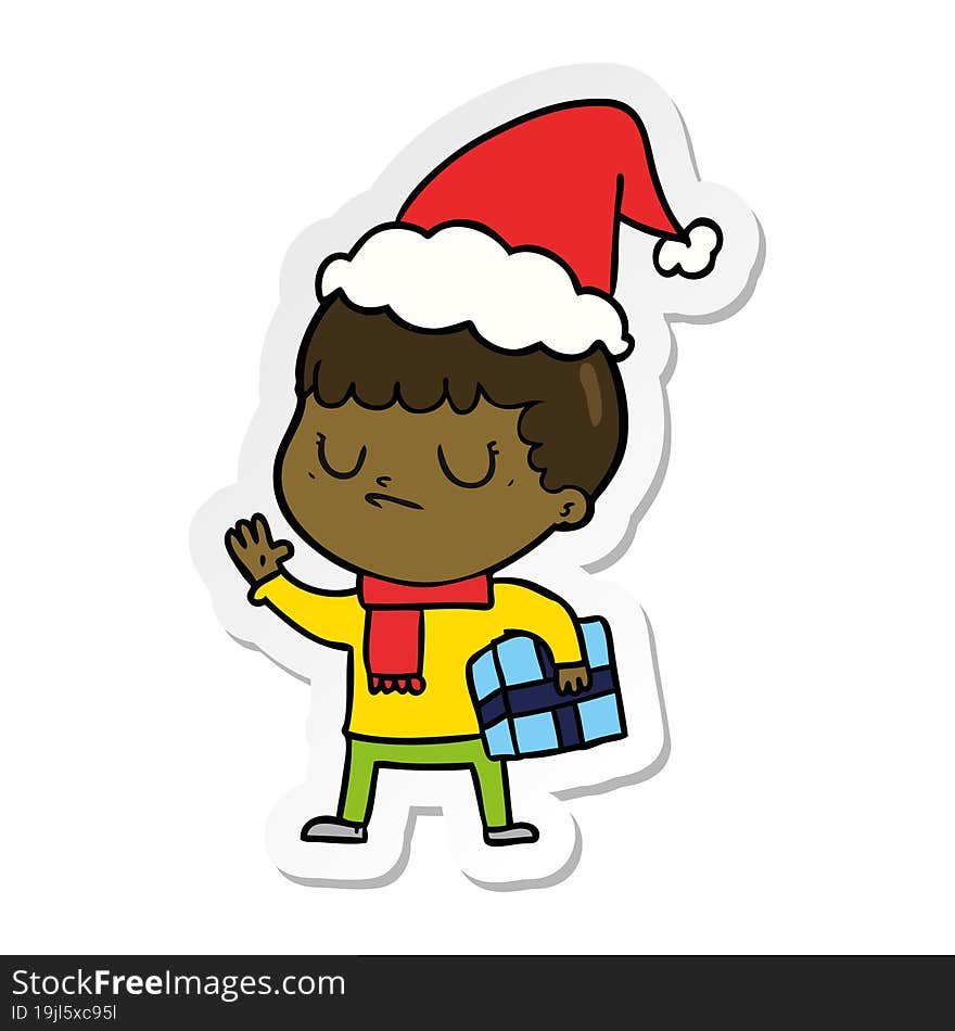 Sticker Cartoon Of A Grumpy Boy Wearing Santa Hat