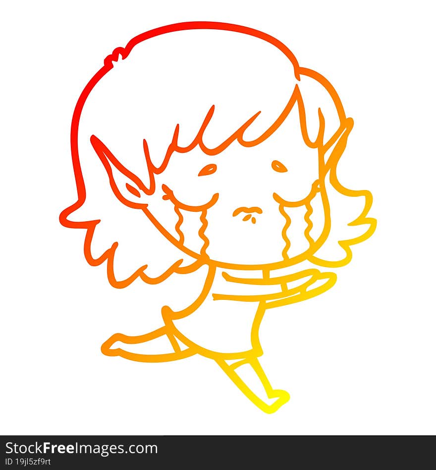 warm gradient line drawing of a cartoon crying elf girl