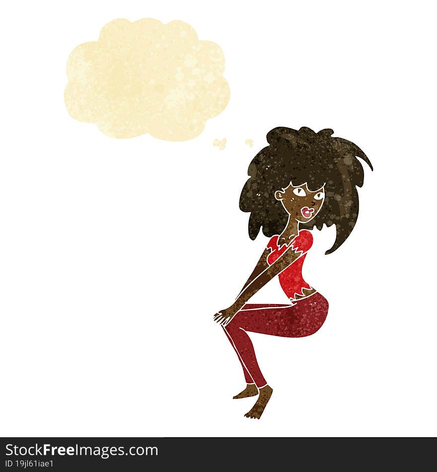 cartoon woman with big hair with thought bubble