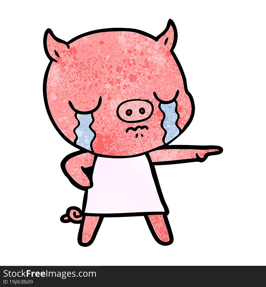 cartoon pig crying pointing. cartoon pig crying pointing