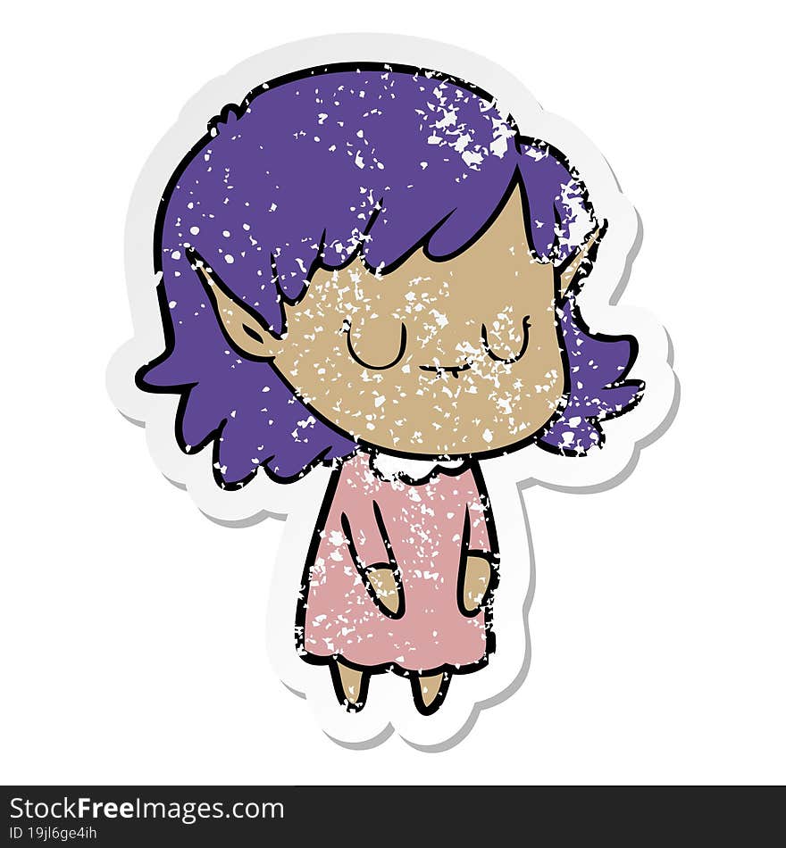 distressed sticker of a happy cartoon elf girl wearing dress