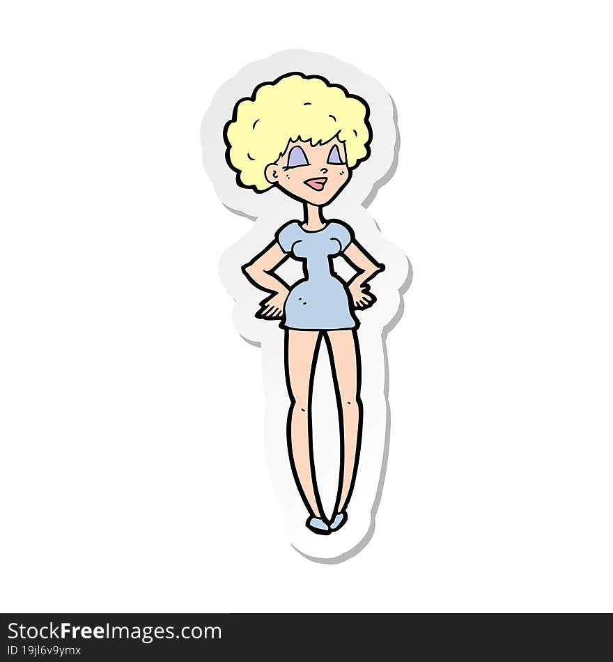 sticker of a cartoon happy woman with hands on hips