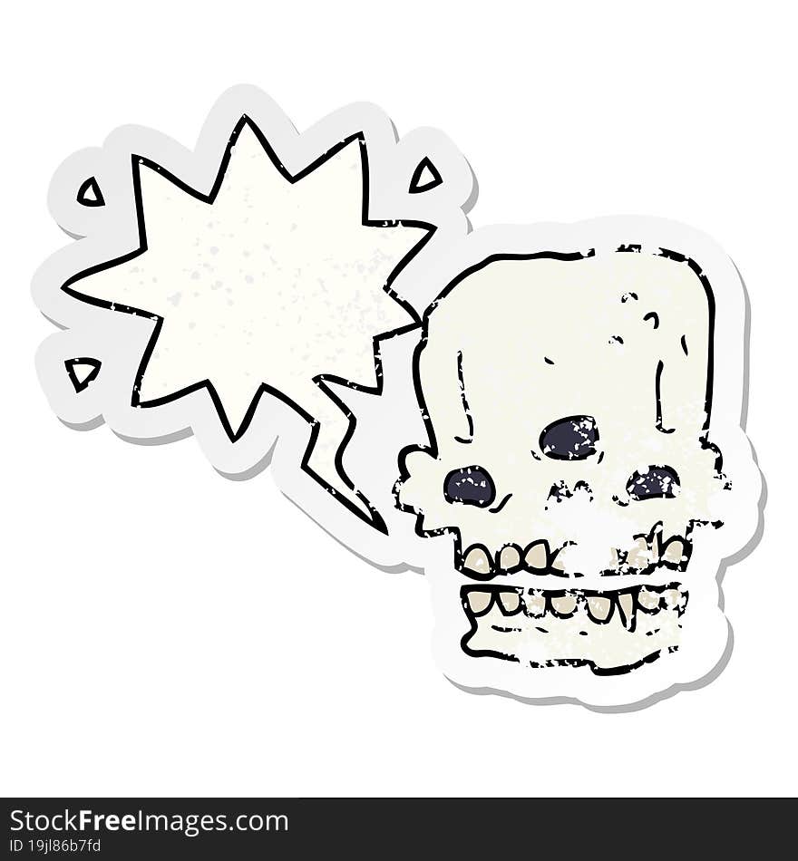 cartoon spooky skull with speech bubble distressed distressed old sticker. cartoon spooky skull with speech bubble distressed distressed old sticker