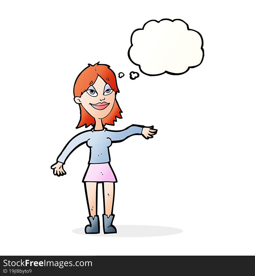 cartoon woman making hand gesture with thought bubble