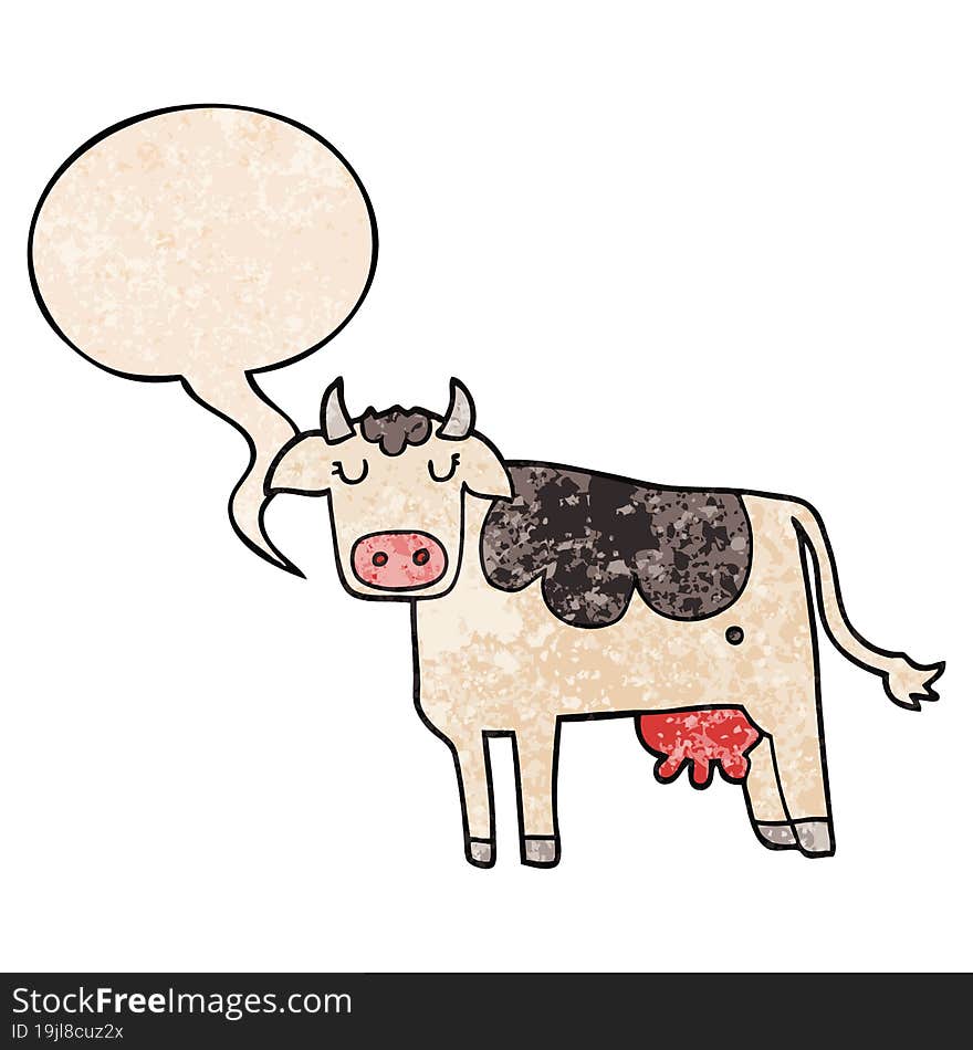 cartoon cow and speech bubble in retro texture style