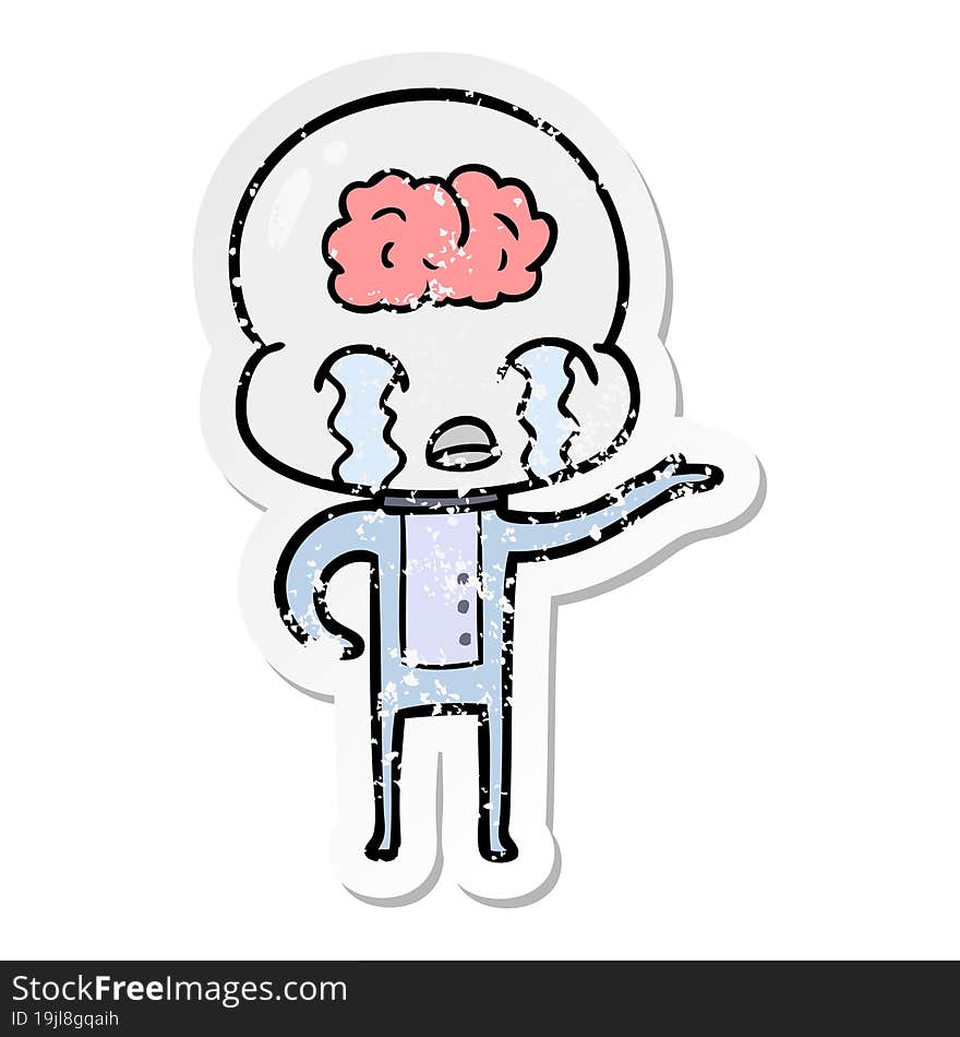 distressed sticker of a cartoon big brain alien crying