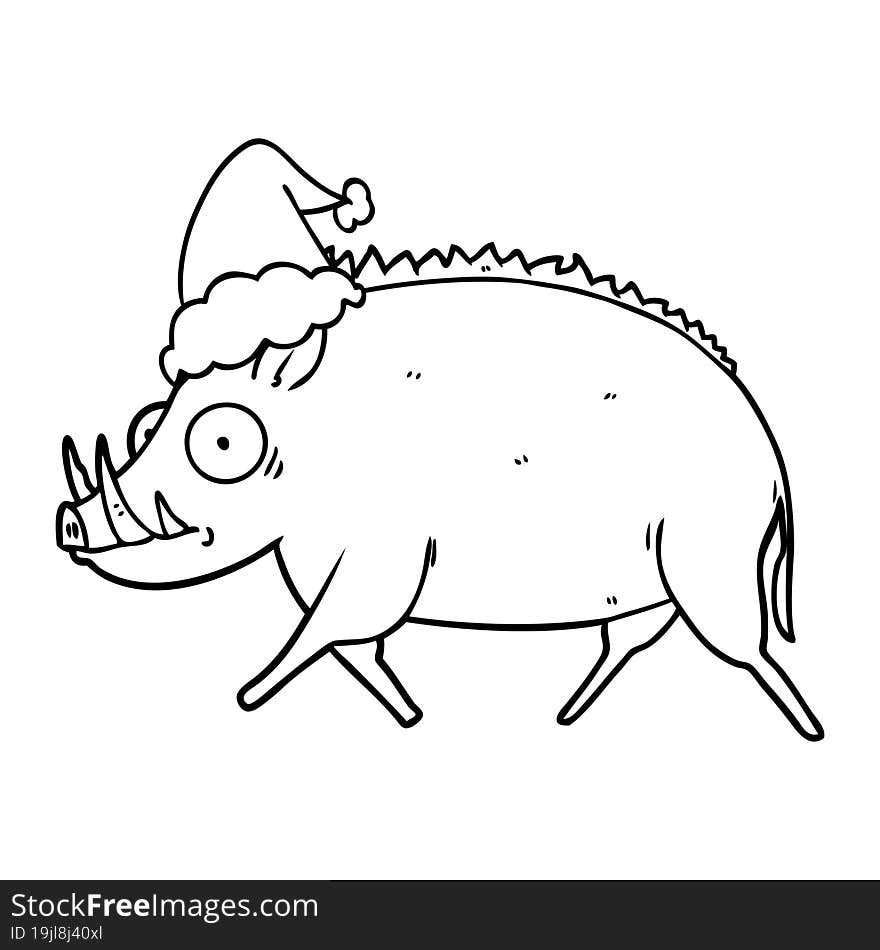 hand drawn line drawing of a wild boar wearing santa hat