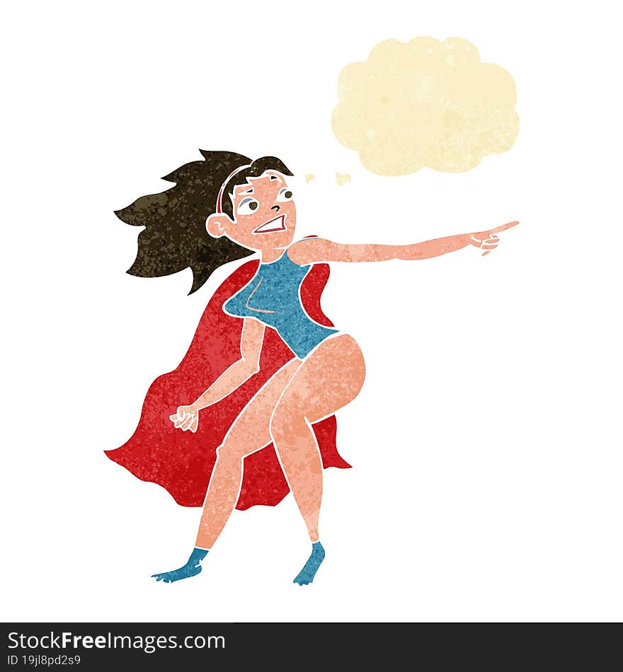 cartoon superhero woman pointing with thought bubble